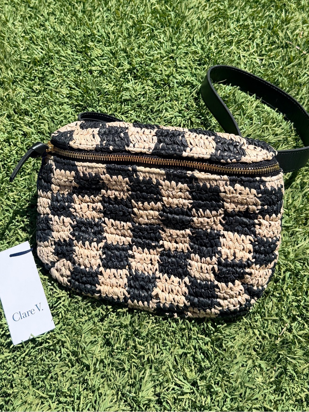 Clare V. Woven Checkered Belt Bag in Black and Tan